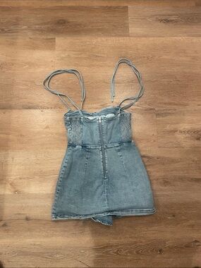 Denim Mini Dress with Adjustable Straps - Blue